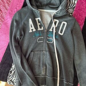 Aeropostale Dark Gray Hoodie with White and Blue Accents